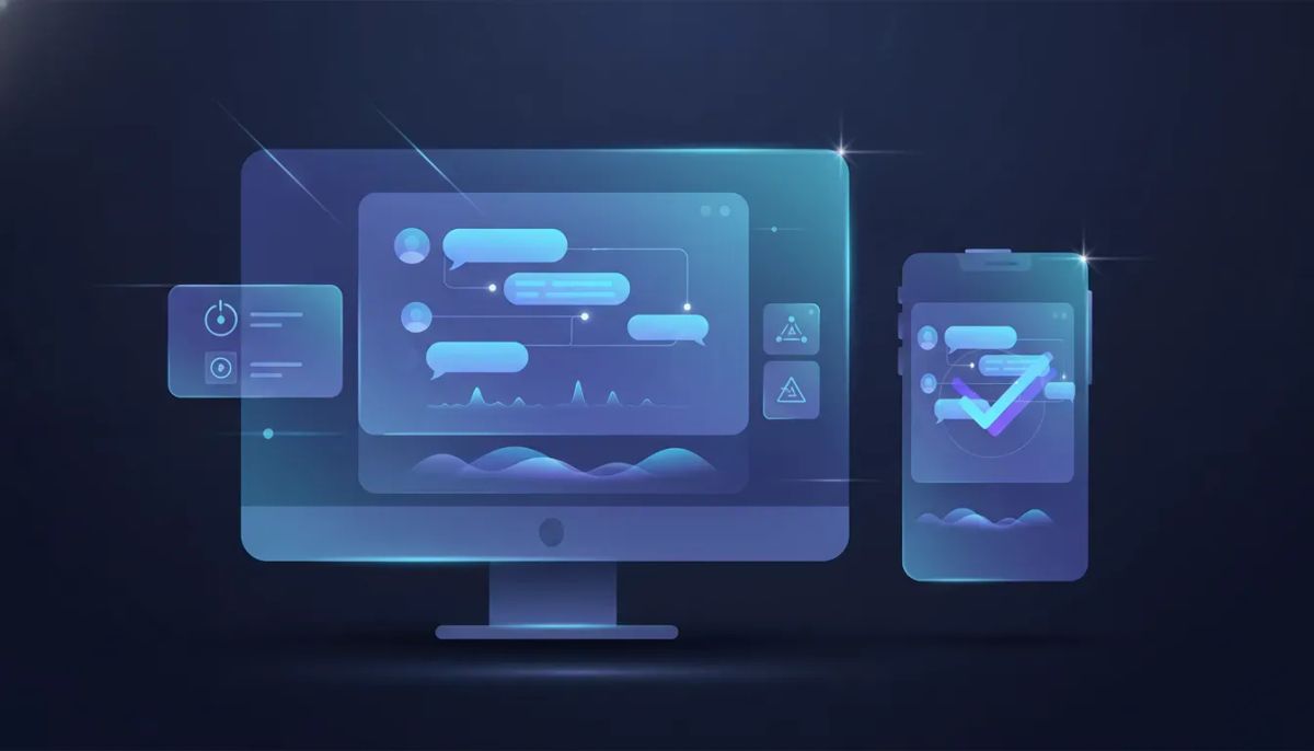 Abstract illustration of a modern AI live chat UI inside a CRM dashboard with clean, interactive panels and streaming chat visuals in a blue-purple tech style.
