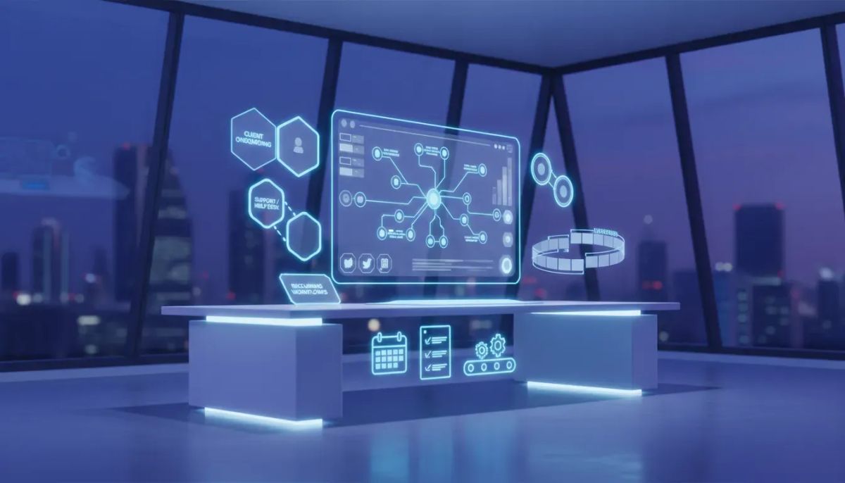 Futuristic illustration of an automated agency workflow network showing onboarding, support, and recurring client delivery without manual involvement