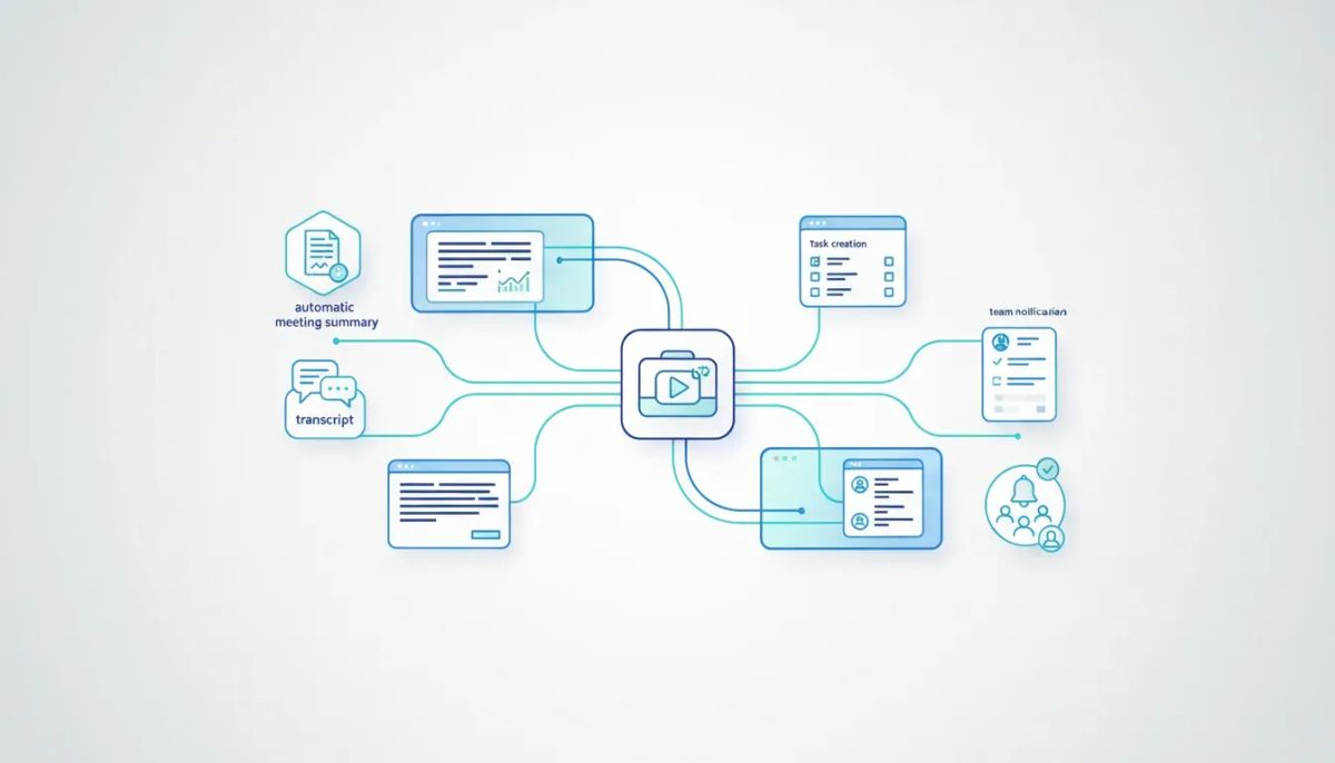 Illustration of an automated sales workflow showing meeting recording linked to automatic summary, transcript, task creation, and team notifications using connected icons.
