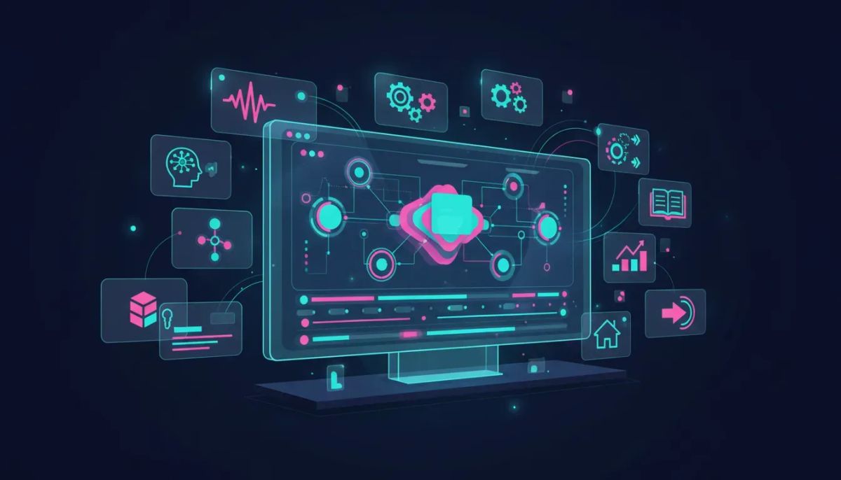 Futuristic high-tech dashboard illustration showing a visual AI editor experience and multiple connected product feature panels without any text.