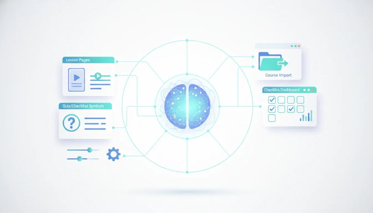 AI-assisted course creation and management concept showing an abstract AI core connected to lesson, quiz, and settings modules.