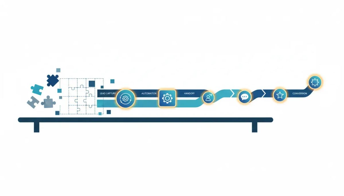 Abstract illustration showing a scalable customer journey blueprint replacing disconnected automation, with connected workflow paths and aligned steps—no text.