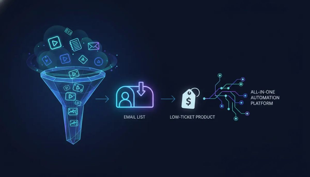 Abstract illustration of a digital product launch funnel turning content and files into an email capture and automated delivery system, with no text.