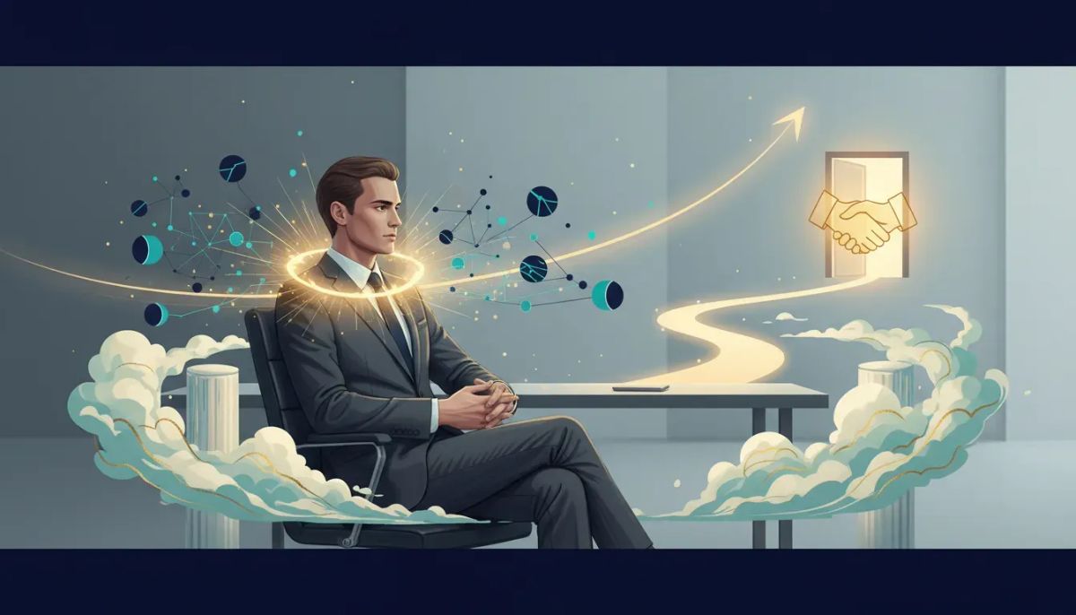 Abstract illustration of building trust to attract clients without sales calls, showing a calm professional surrounded by glowing network and warm light that leads toward a handshake-like co