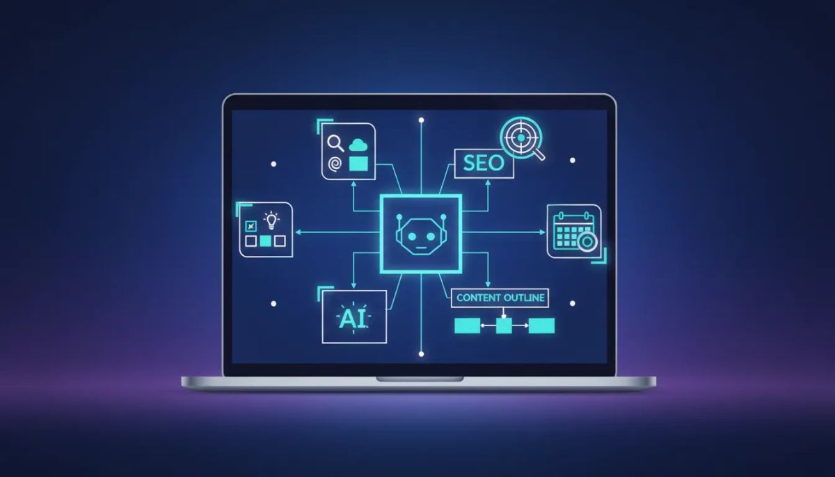 AI-assisted workflow concept showing how to generate and optimize an SEO blog inside a CRM dashboard, with icons for content structure, keywords, and scheduling (no text).