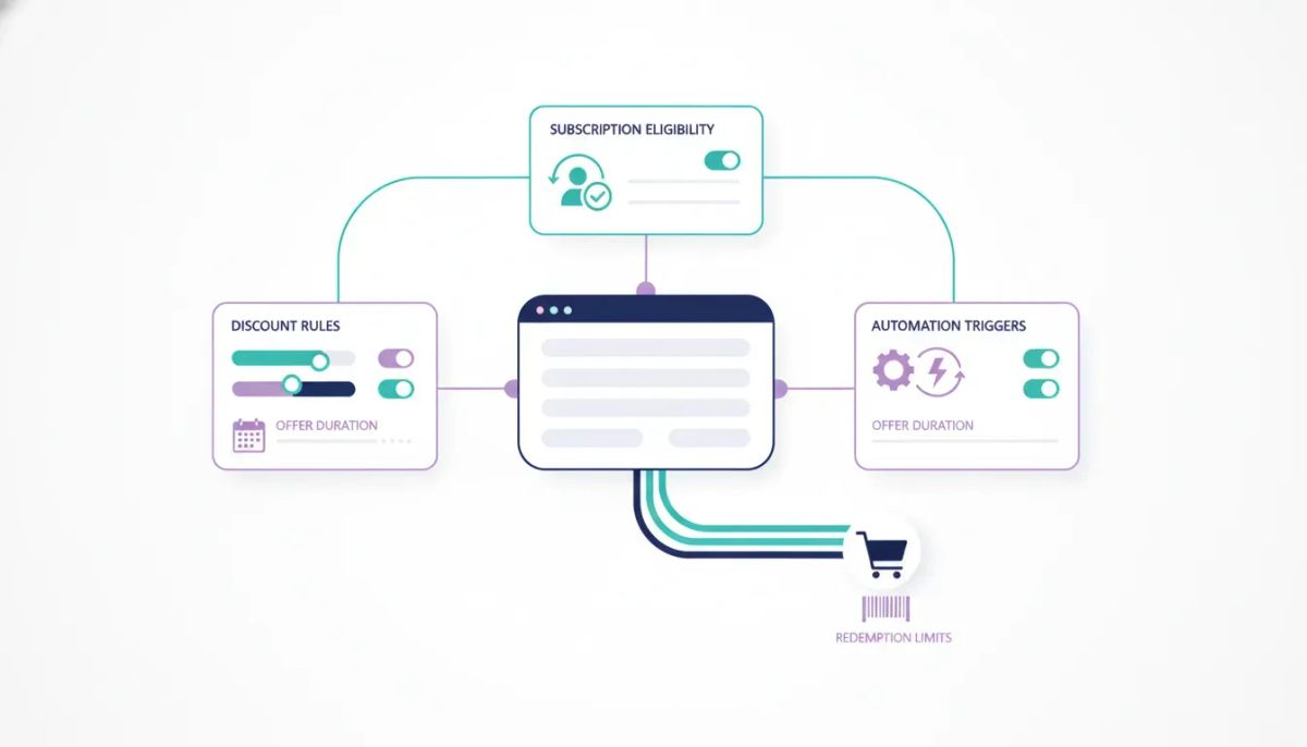 Modern illustration of a SaaS dashboard showing coupon discount rules, redemption limits, offer duration, and automation flow connected to a checkout.