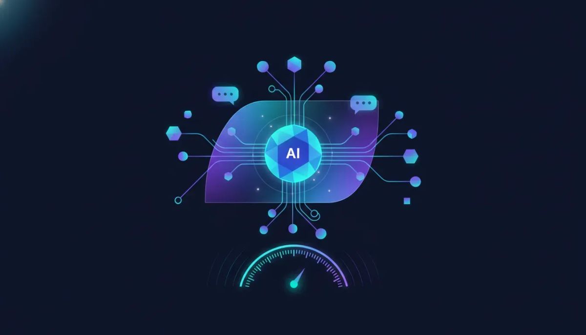 Futuristic illustration of an AI co-pilot guiding a transparent workflow builder with connected nodes, glowing pathways, and a speed motif, without any text.