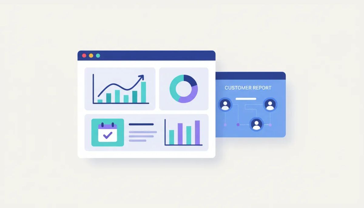 Illustration of service and rental reporting widgets on a modern dashboard and customer reports interface with charts and booking icons, no text.