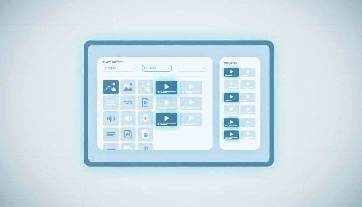 Illustration of a media library dashboard with thumbnails and filter controls that narrow results by file type, highlighting the selected media category.