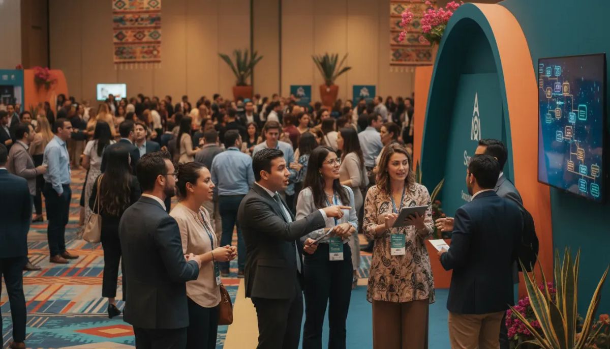 Entrepreneurs networking at a Mexico City convention with a modern automation-focused booth at Cracks Summit 2026, inspired by Latin America’s startup energy