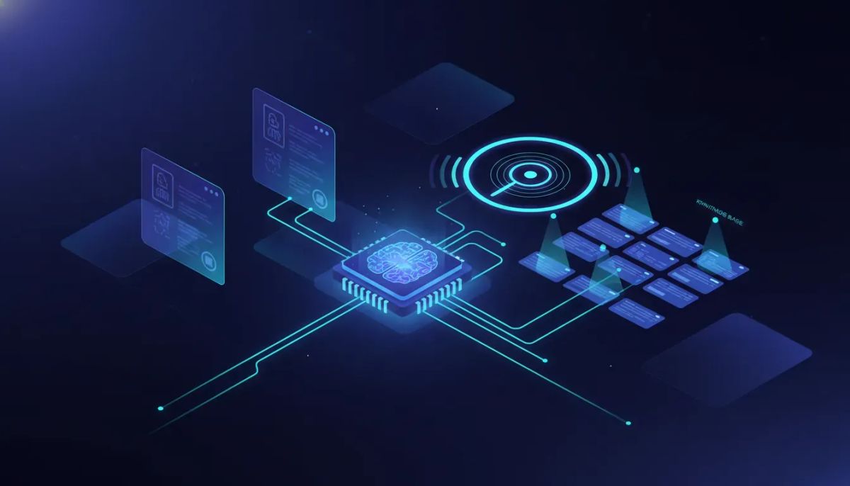 Illustration of an AI agent using a knowledge base search to find relevant information in real time and generate smarter responses, with glowing connections to document panels and a radar-li