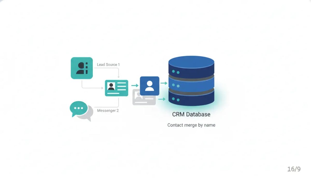 Illustration of a CRM system merging contact records from Facebook lead forms and Messenger conversations by matching them into a single contact.