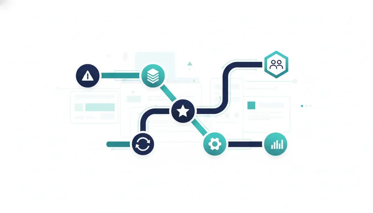 Abstract illustration of a structured customer journey blueprint with connected workflow nodes representing the stages from lead to customer and operations, without any text.