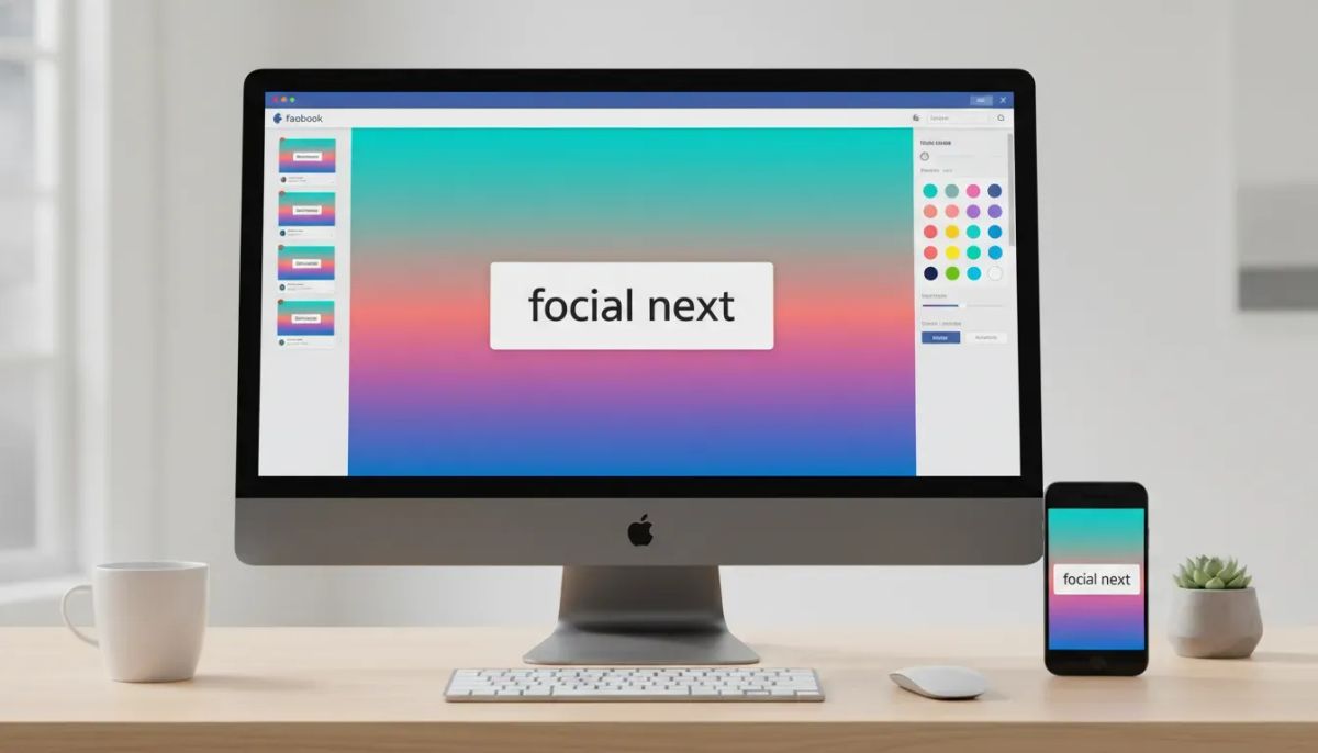 Illustration of a social planner interface creating a Facebook-style text post with colorful native background blocks, shown on a laptop and phone (no text).