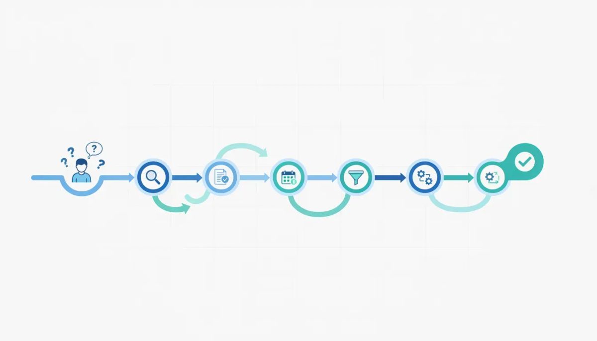 Modern diagram-style illustration of a customer journey blueprint with connected steps and automation nodes, showing a clear pathway from start to results.