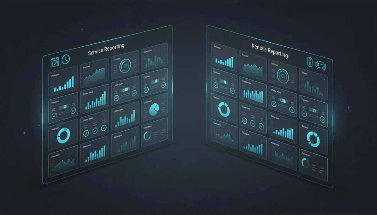 Illustration of a modern analytics dashboard with modular service and rental reporting widgets showing charts and performance visuals, without any text.