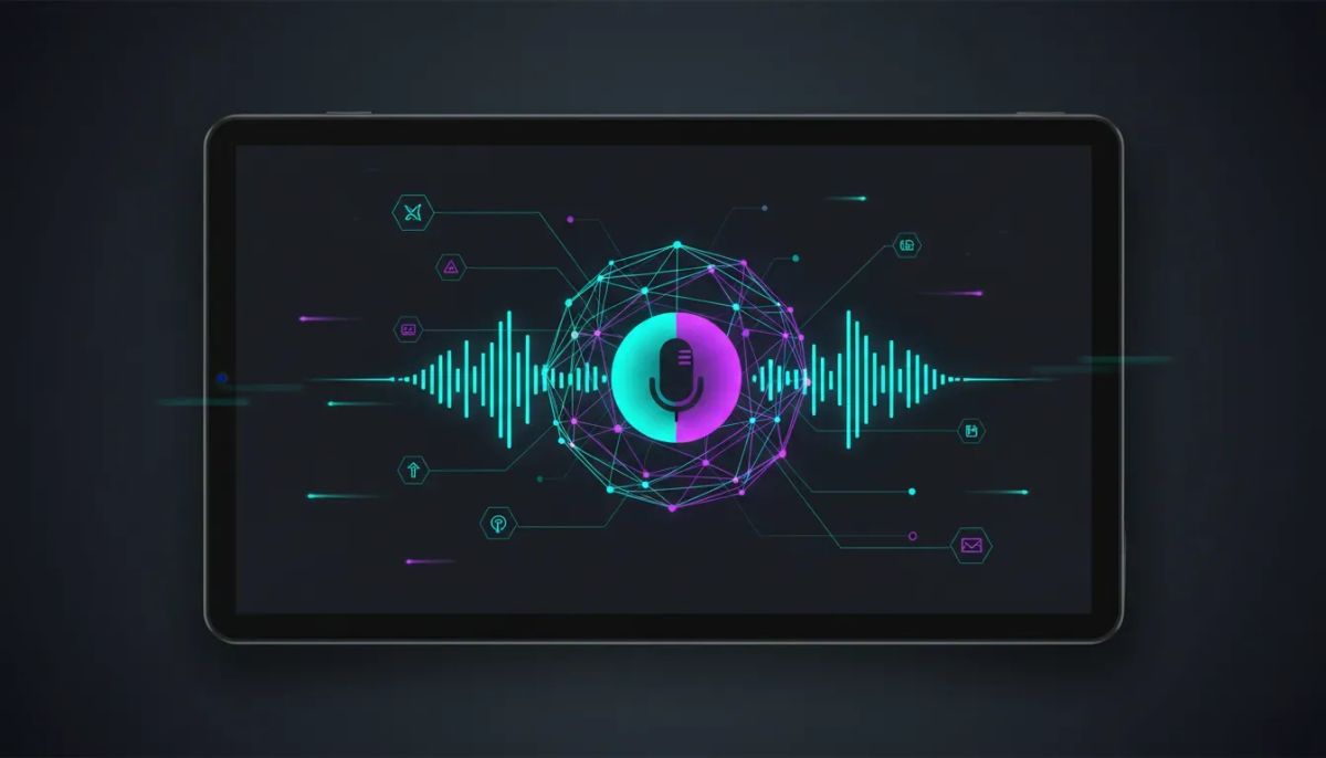 Abstract illustration of AI voice control guiding connected CRM workflow nodes with sound-wave effects and a glowing AI core, conveying faster, frictionless task completion.