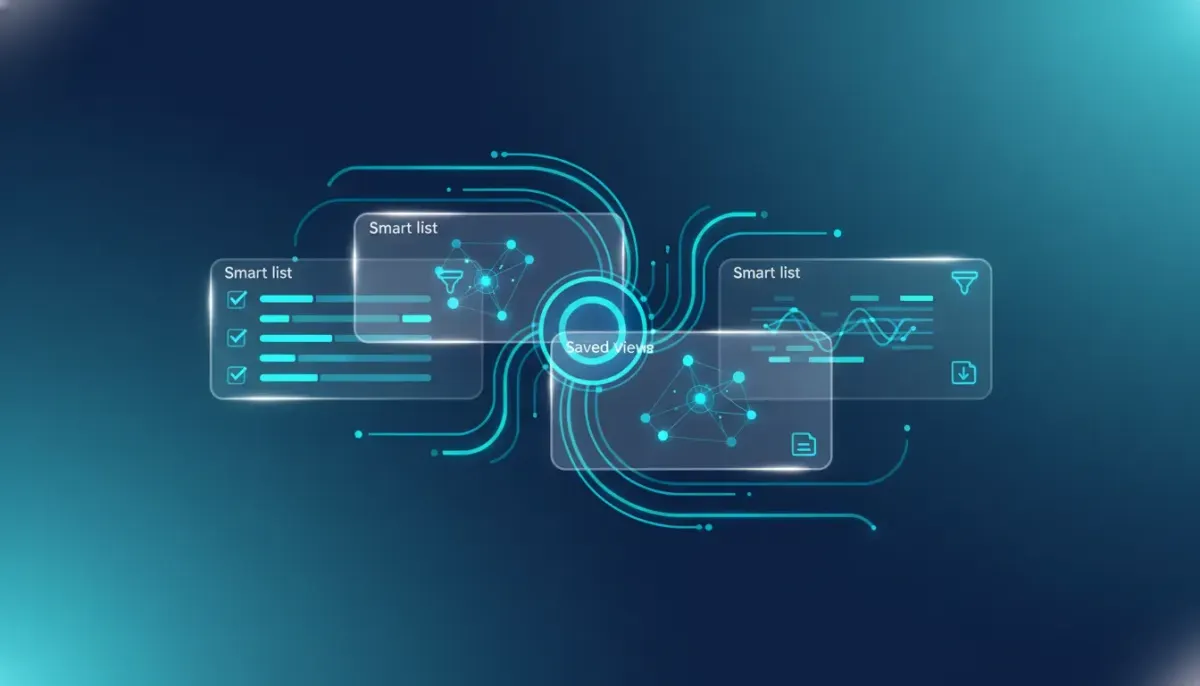 Illustration of a modern CRM dashboard showing smart list filtering and organized company records with flowing filter and data connection icons.