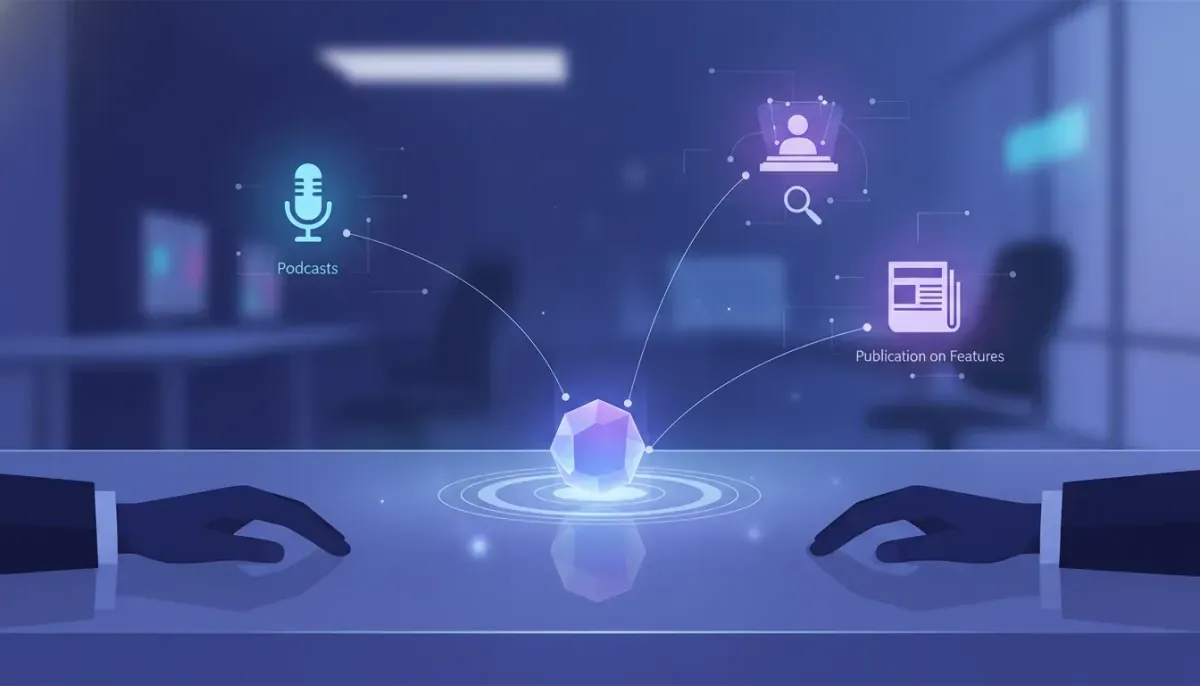 Futuristic illustration of AI media agents represented by glowing holographic icons connected to an AI core, symbolizing podcast, event speaking, and publication outreach without any text.