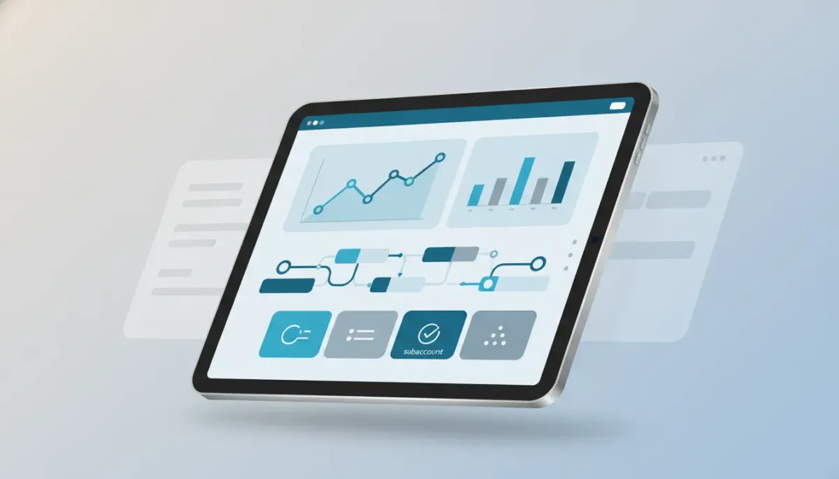 Illustration of a clean, modern SaaS billing dashboard showing organized charts and transaction flow on a device screen