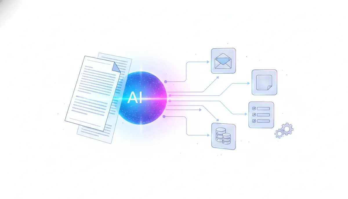 Illustration of AI extracting structured data from unstructured text inside an automated workflow.