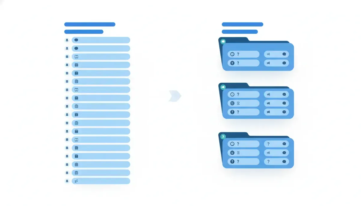 Illustration showing HighLevel Communities channel lists reorganized into folders for a cleaner, more organized experience, with no text.