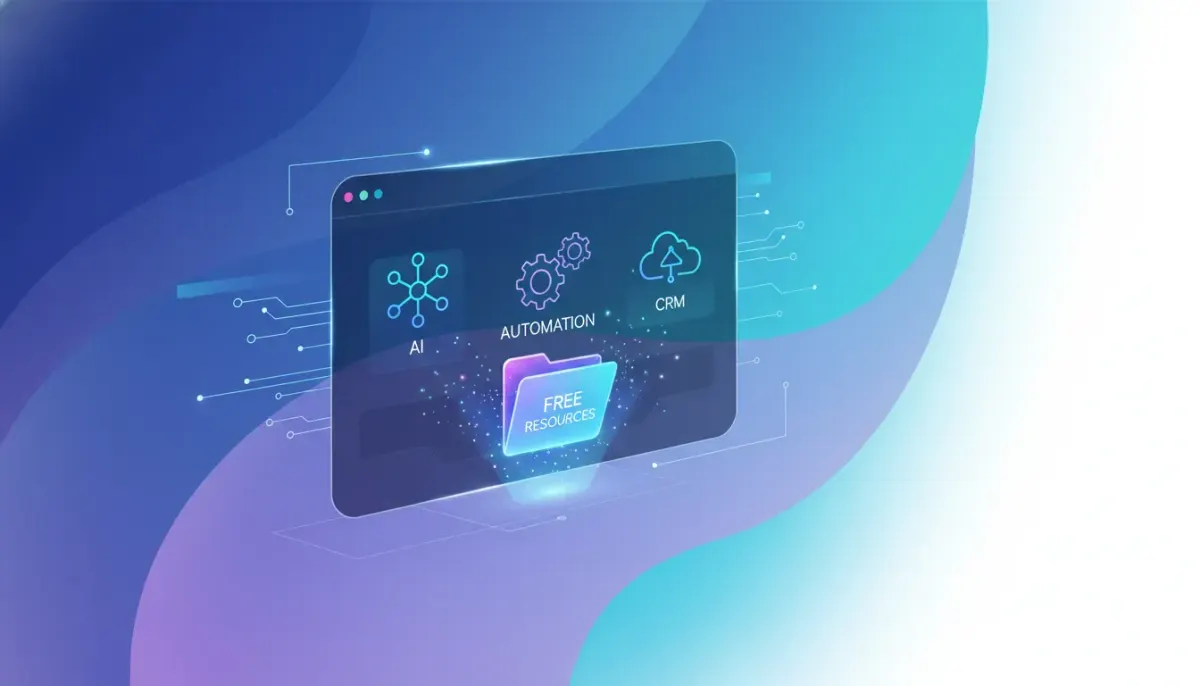 Futuristic HighLevel-style AI dashboard illustration with glowing AI resource pack concept icons, representing free AI success packs for CRM optimization and marketing automation.