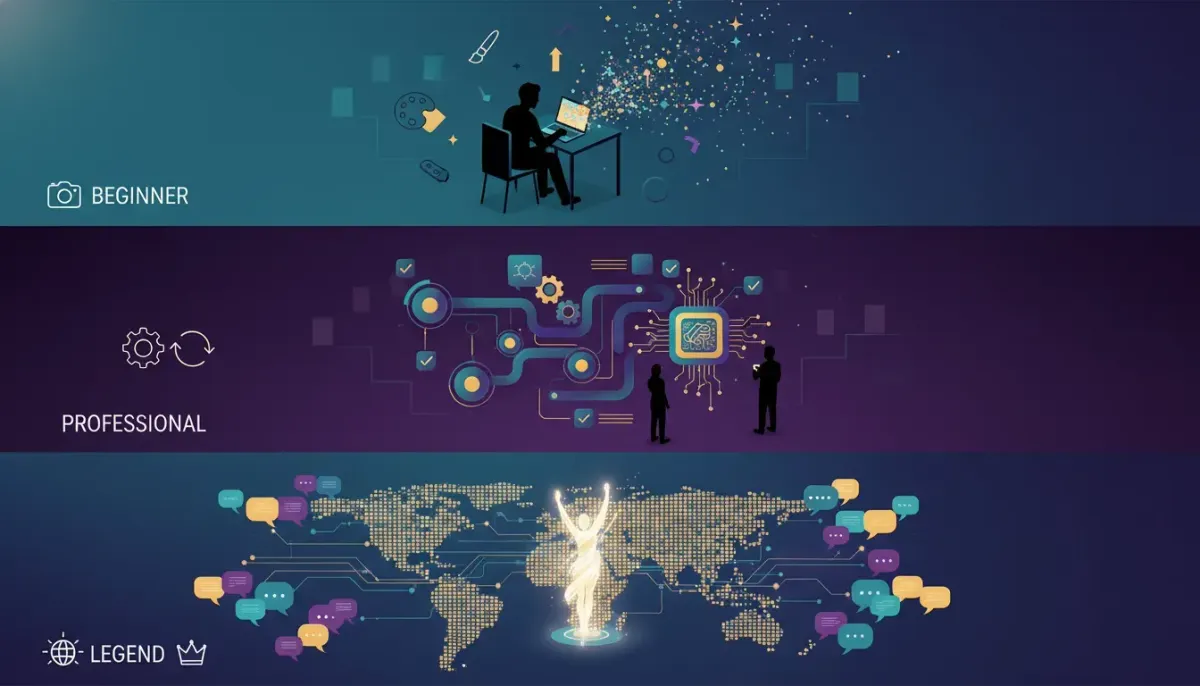 Editorial illustration showing a three-level progression of AI content creation from beginner visuals to automated professional workflows and global expansion concepts, with no text.