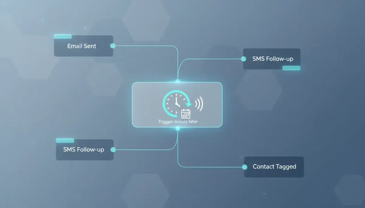 Illustration of a HighLevel-style automation workflow with a highlighted wait action and clock-based timing control between steps.