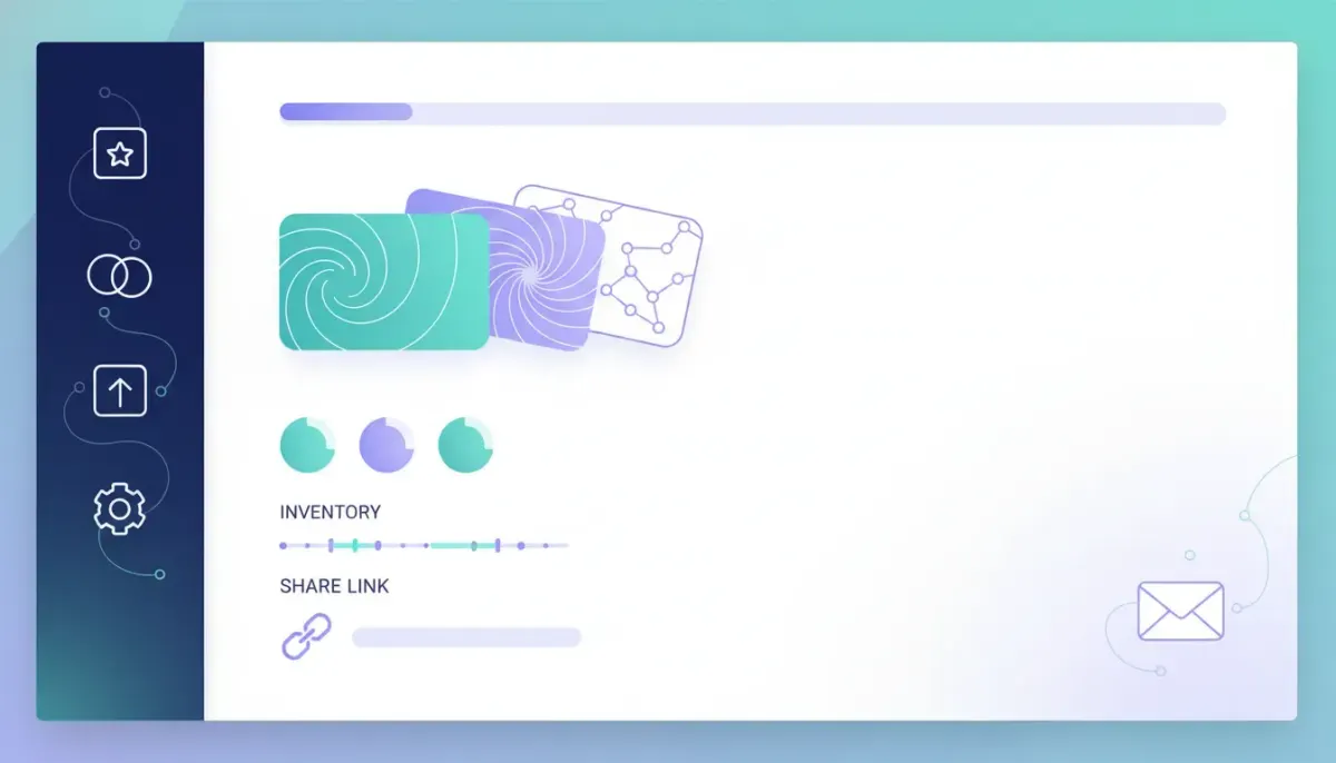 Modern UI illustration of a gift card design and management dashboard inside an all-in-one CRM and marketing platform, featuring customizable gift cards, inventory indicators, and share icon