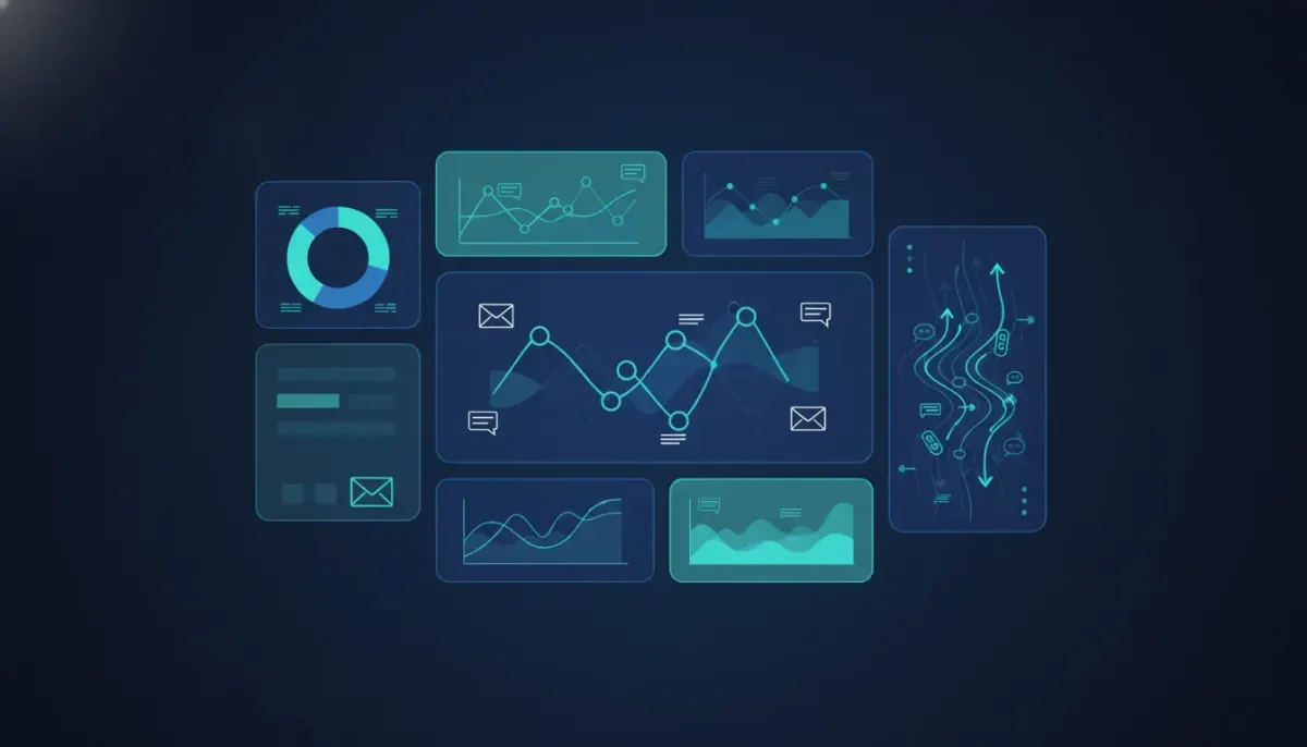 Modern CRM dashboard illustration with embedded SMS module widget panels and messaging activity visuals, no text