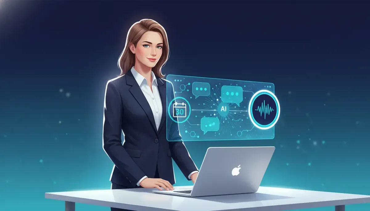 Modern illustration of a professional starting a 30-day conversational AI free trial with holographic chat interfaces and an offer badge, with no text.