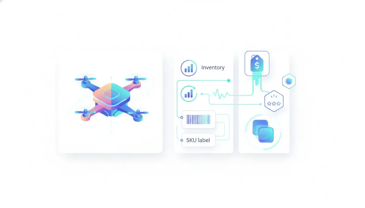 Illustration of a product detail page UI with icons and glowing data connections showing real-time ecommerce custom values updating dynamically, with no text.