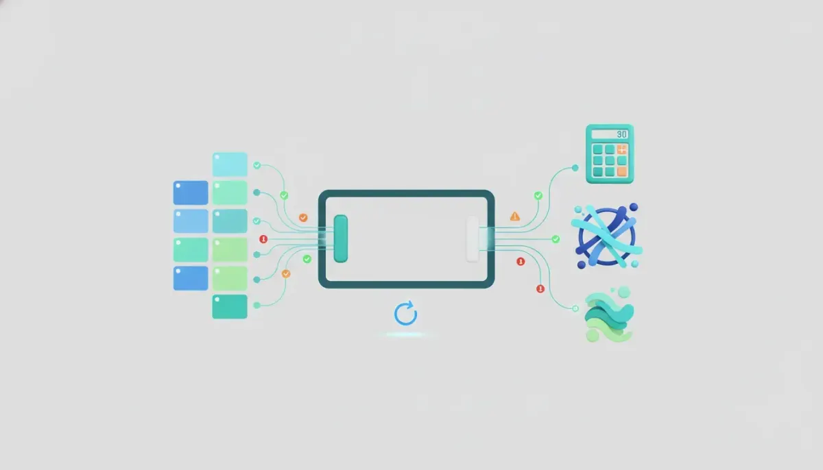 Illustration of an accounting sync dashboard showing connected systems with green, warning, and error sync status indicators and retry flow.