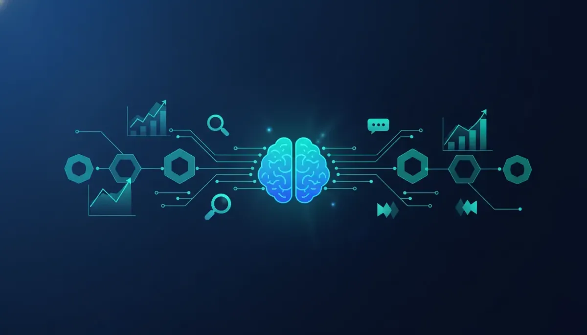 Abstract illustration of AI workflow nodes with analytics charts and discovery icons, symbolizing AI-driven performance insights.