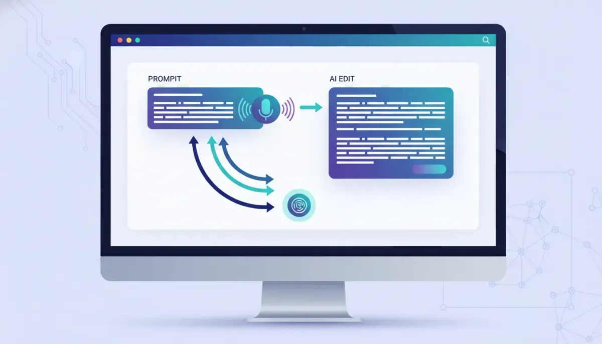Illustration of editing an AI prompt with voice control, showing a highlighted prompt section and microphone input with arrows indicating an AI rewrite workflow