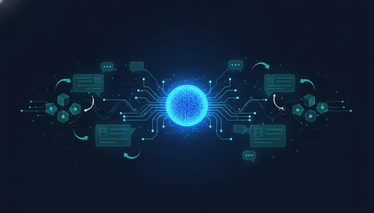 Abstract illustration of an AI memory system reusing stored context to personalize CRM and automation workflows, shown with connected nodes, chat bubbles, and glowing network paths.