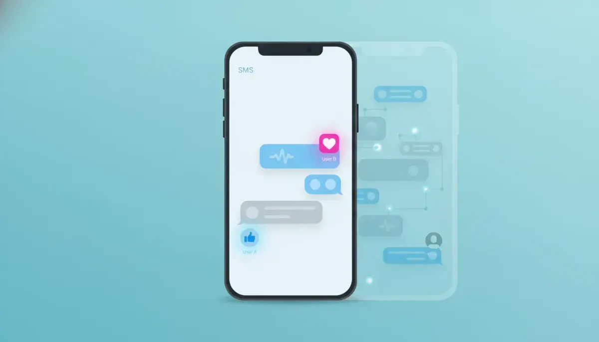 Smartphone screen illustration of an SMS chat where reactions appear next to individual message bubbles to show which text was reacted to, with a modern mobile UI design.