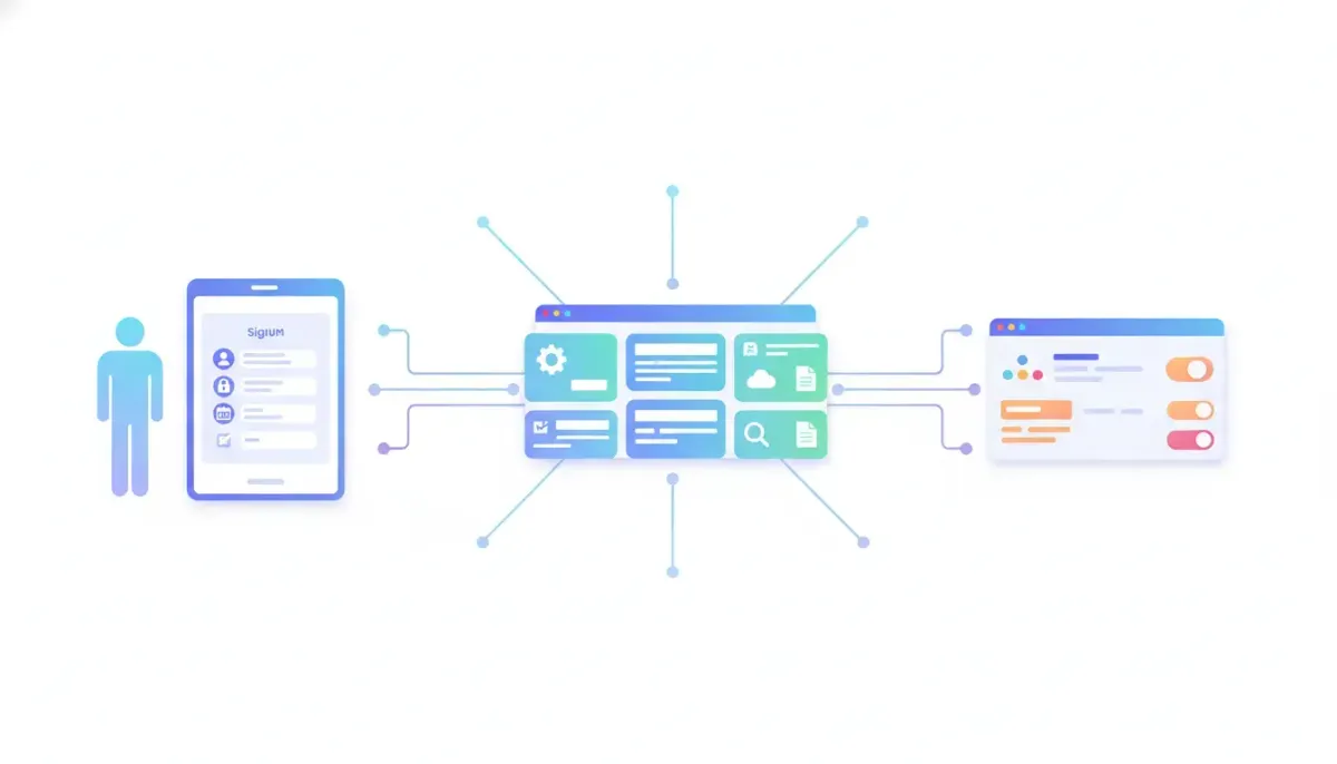 Illustration of a membership signup form connected to a CRM with synced contact fields, shown using icons and data points without any text.