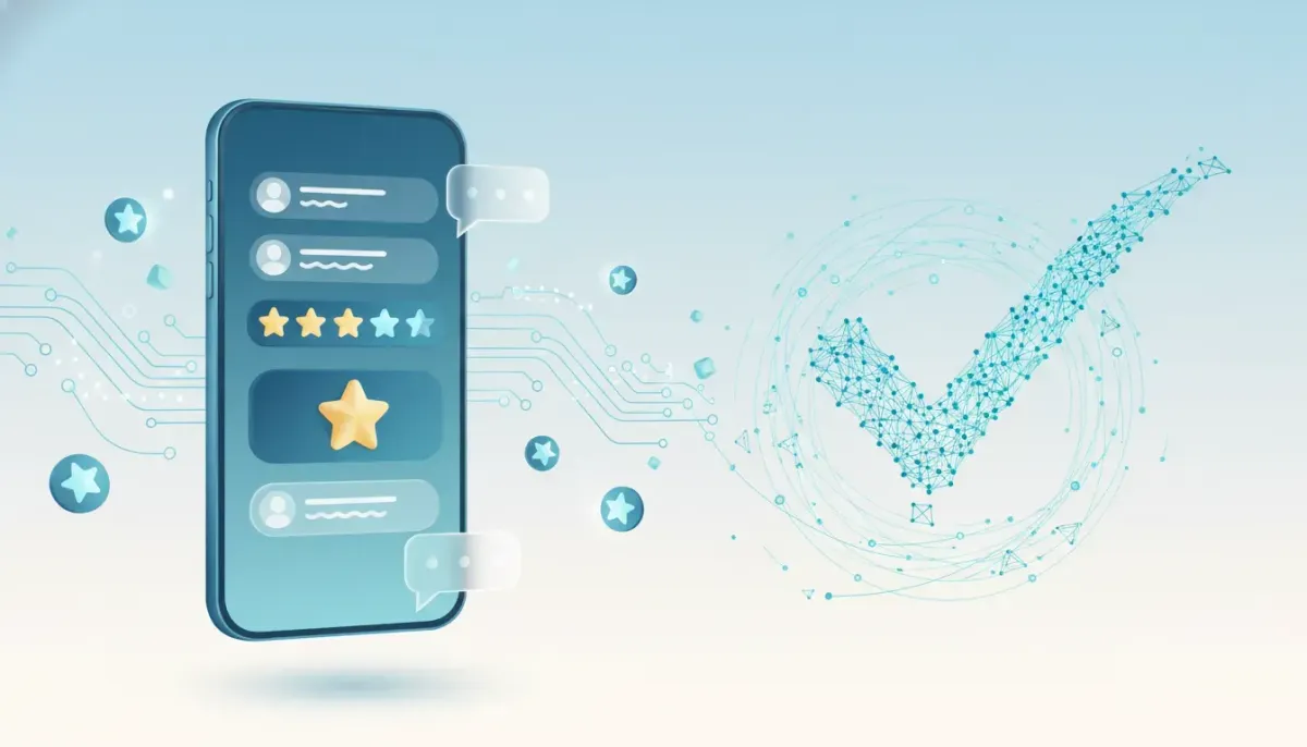 AI-powered review monitoring and automated responses for Facebook Pages shown with glowing network connections, speech bubbles, and star rating icons on a smartphone, with no text.