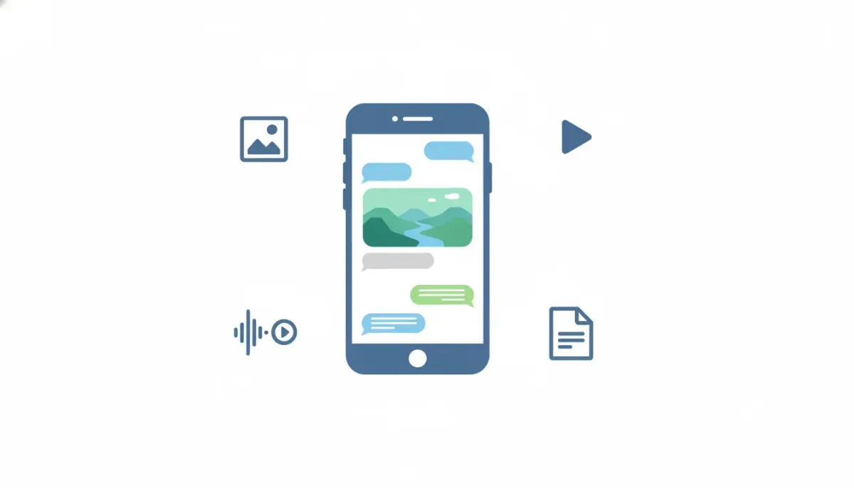 Illustration of a smartphone chat showing a media attachment with an associated caption, surrounded by image, video, audio, and document icons.