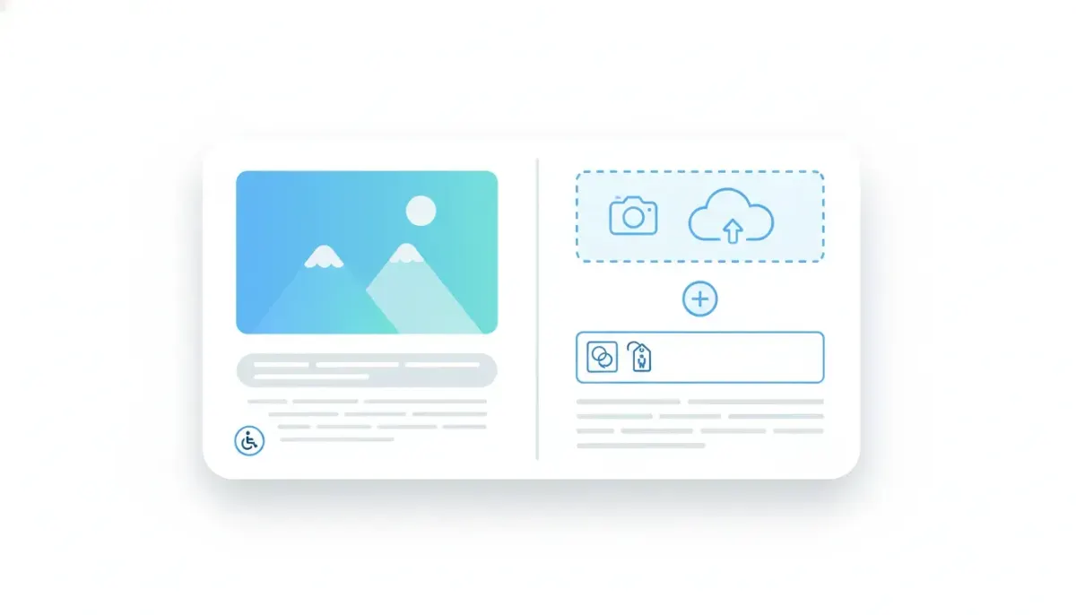 Illustration of a social post composer interface showing where image alt text can be added to improve accessibility