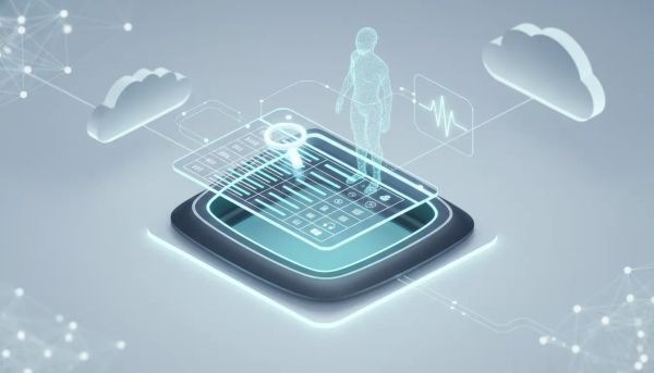 Isometric illustration of glowing structured data tables linked to a holographic AI assistant, search magnifier, and voice-waveform representing an AI knowledge base
