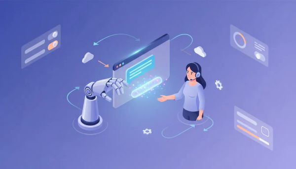 Illustration of an automated human handover showing an AI chatbot transferring a chat to a human support agent in a SaaS dashboard-style scene (no text)
