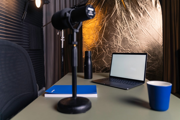 workspace laptop headphones microphone remote call recording