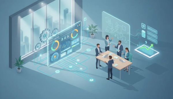 Isometric illustration of a systems-driven marketing agency with a central software dashboard, gears and flow lines for automation, a rising revenue chart, and a small team collaborating