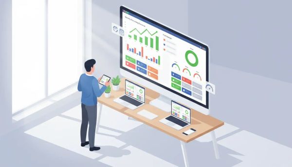 Agency reselling analytics dashboard on a monitor showing charts for revenue, costs, profit and MRR with a professional reviewing data