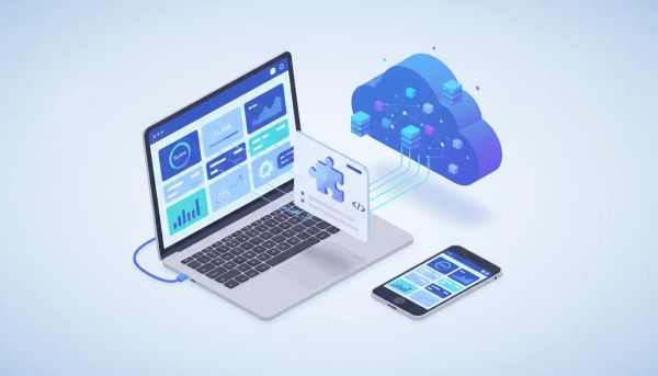 Stylized illustration of a WordPress-style dashboard on a laptop and smartphone receiving live data from a cloud through a plugin connector, showing dynamic counters, charts and integration 