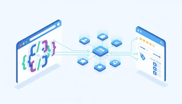 Isometric illustration of JSON-LD schema markup connecting a website browser window to search engine rich results via glowing semantic nodes for people, products, events and reviews