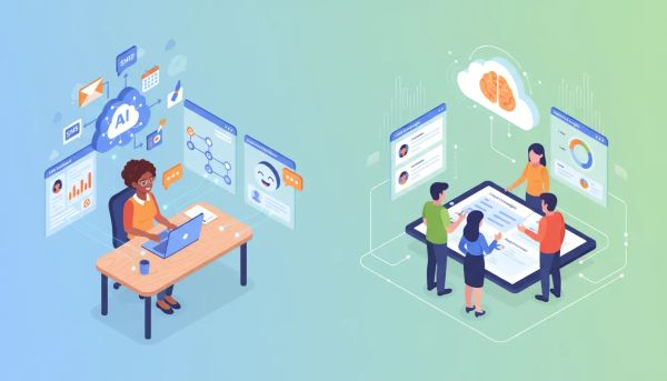 Illustration of AI-powered marketing automation connecting a small business and agency with CRM panels, chatbots, and content workflows